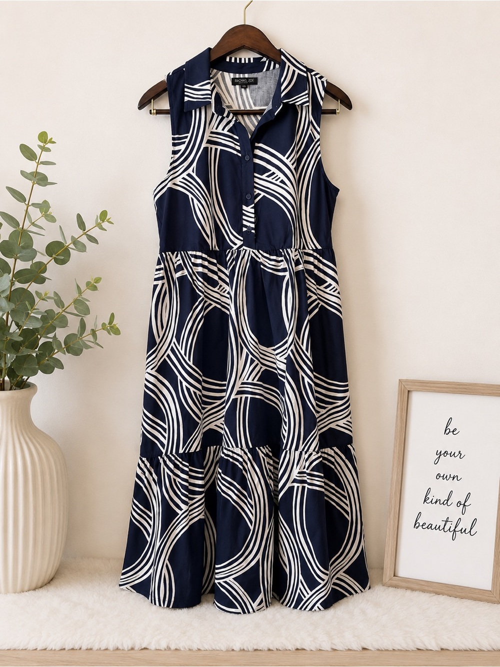 Rachel Zoe Navy and Cream Sleeveless Button-Front Maxi Dress